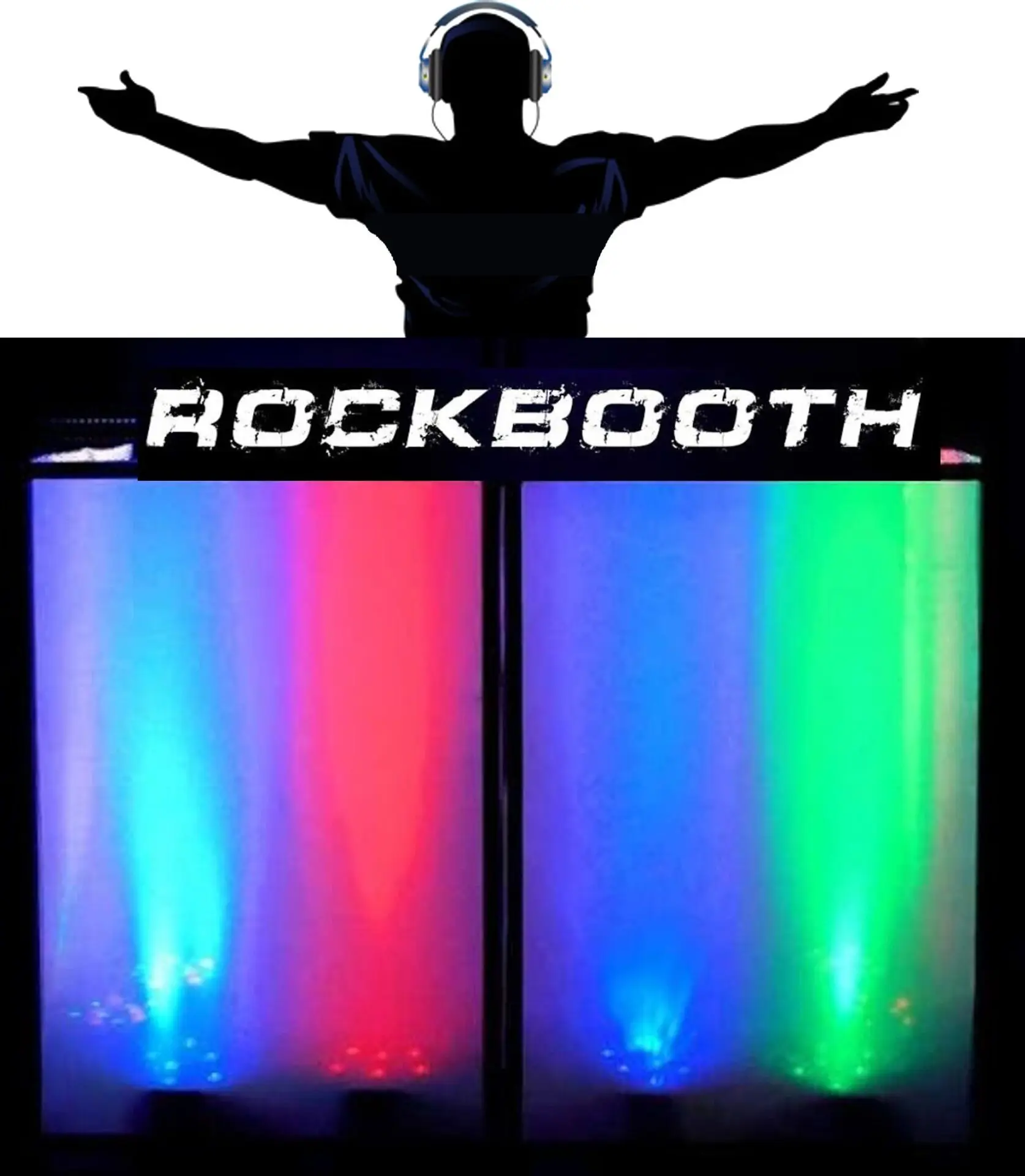 Rockbooth DJ booth with colorful lights.